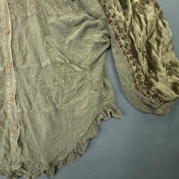 Young Threads Shirt Women S M Green Oversize Embroidered Button Top Velvet Boho - Picture 3 of 15